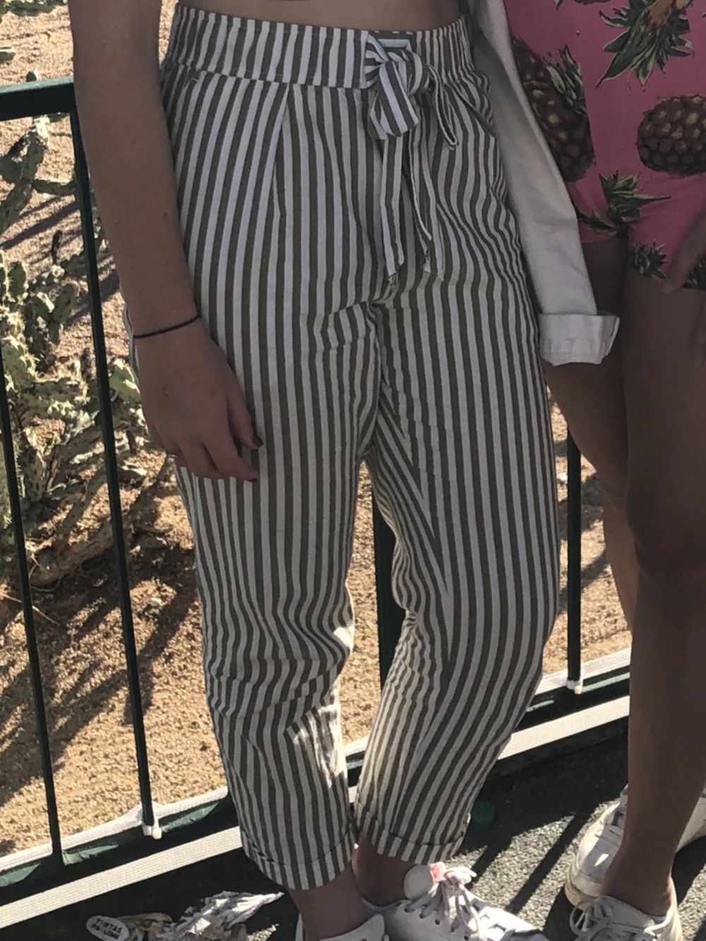 Zara green and white striped linen pants